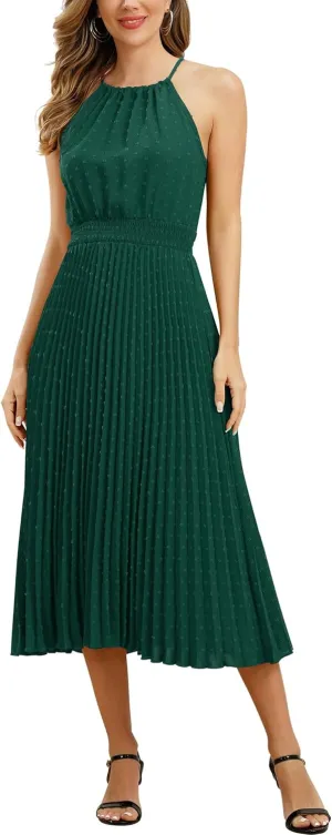 Women's Sun Dresses Summer Casual Midi Dress Sleeveless Halter Swiss Dot Pleated Beach Wedding Guest