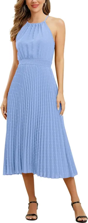 Women's Sun Dresses Summer Casual Midi Dress Sleeveless Halter Swiss Dot Pleated Beach Wedding Guest