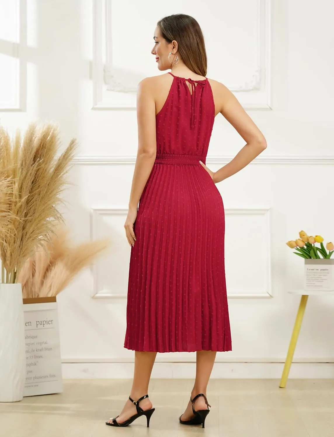 Women's Sun Dresses Summer Casual Midi Dress Sleeveless Halter Swiss Dot Pleated Beach Wedding Guest