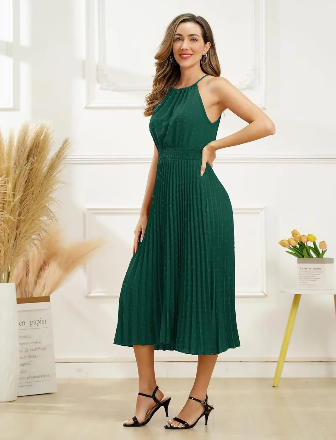 Women's Sun Dresses Summer Casual Midi Dress Sleeveless Halter Swiss Dot Pleated Beach Wedding Guest
