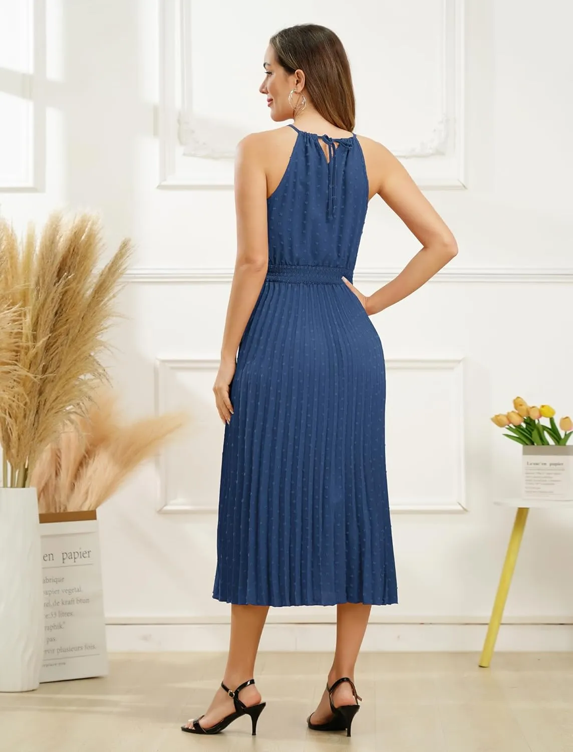Women's Sun Dresses Summer Casual Midi Dress Sleeveless Halter Swiss Dot Pleated Beach Wedding Guest