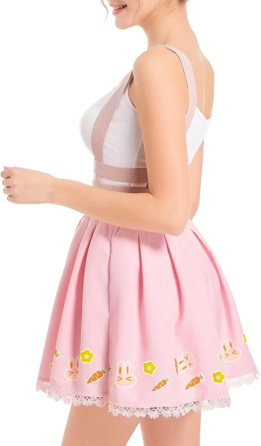 Women's Suspender Skirt Overalls Dress Kawaii Pink High Waisted Mini Skirts Adjustable Strap Outfit