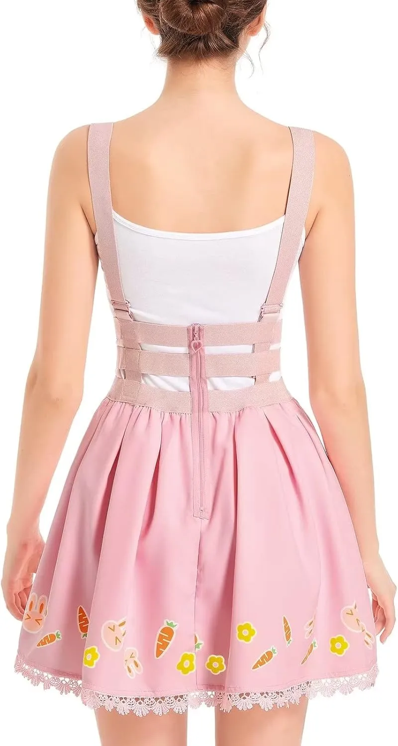 Women's Suspender Skirt Overalls Dress Kawaii Pink High Waisted Mini Skirts Adjustable Strap Outfit