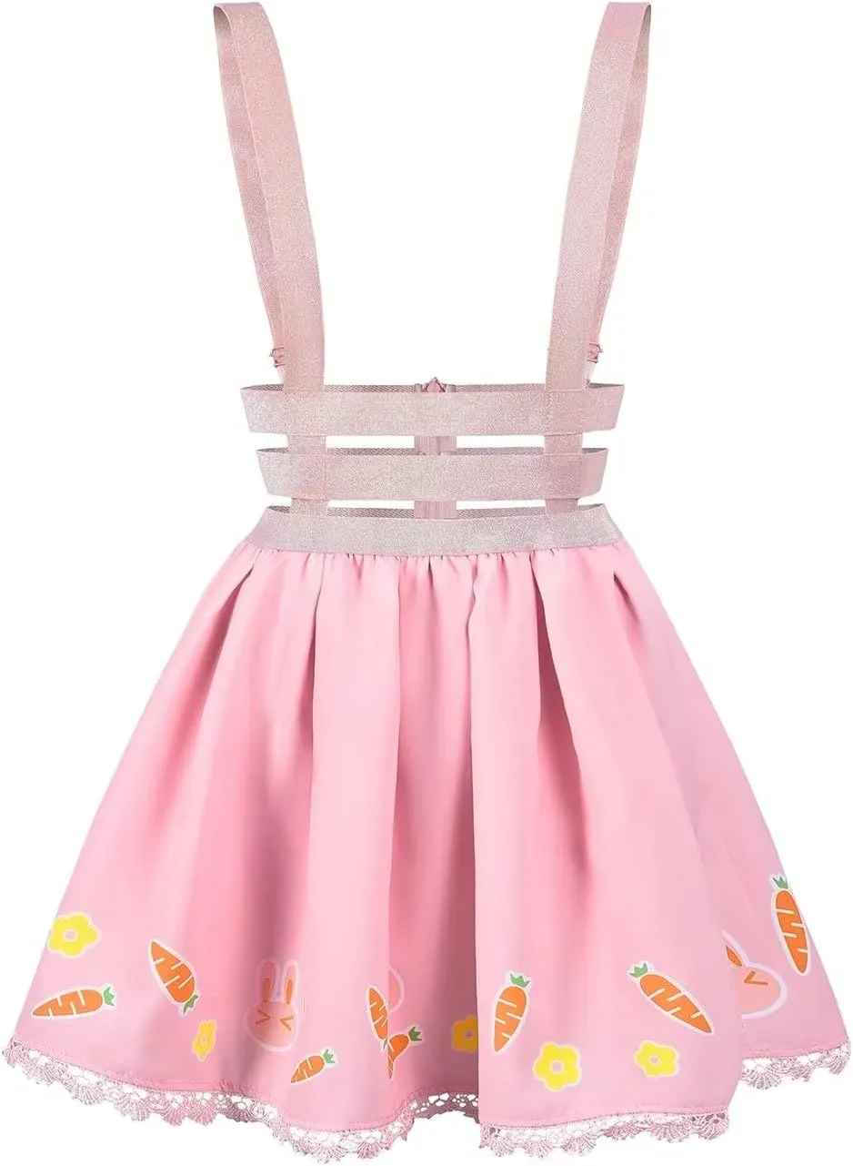 Women's Suspender Skirt Overalls Dress Kawaii Pink High Waisted Mini Skirts Adjustable Strap Outfit