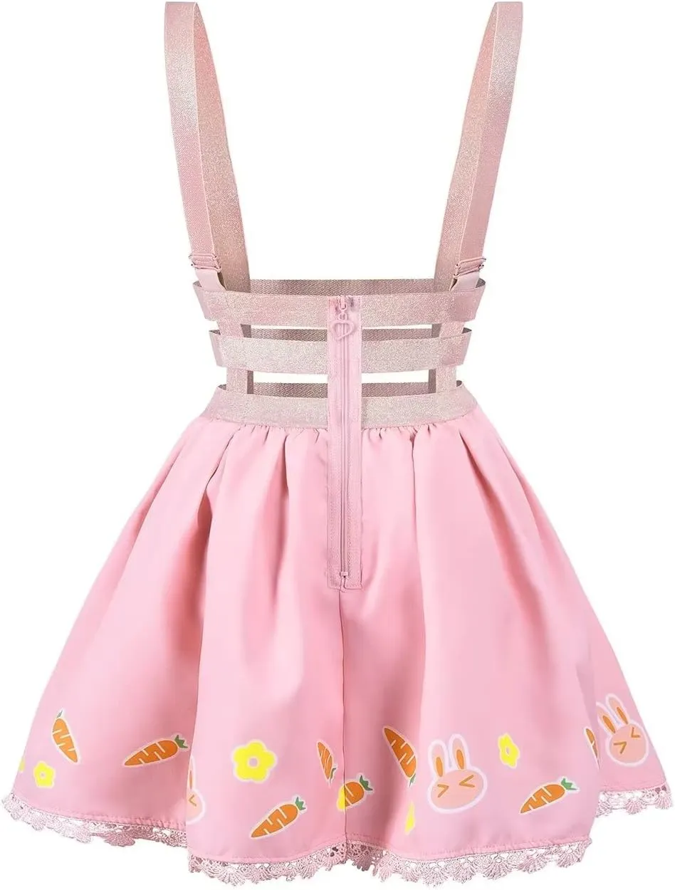 Women's Suspender Skirt Overalls Dress Kawaii Pink High Waisted Mini Skirts Adjustable Strap Outfit