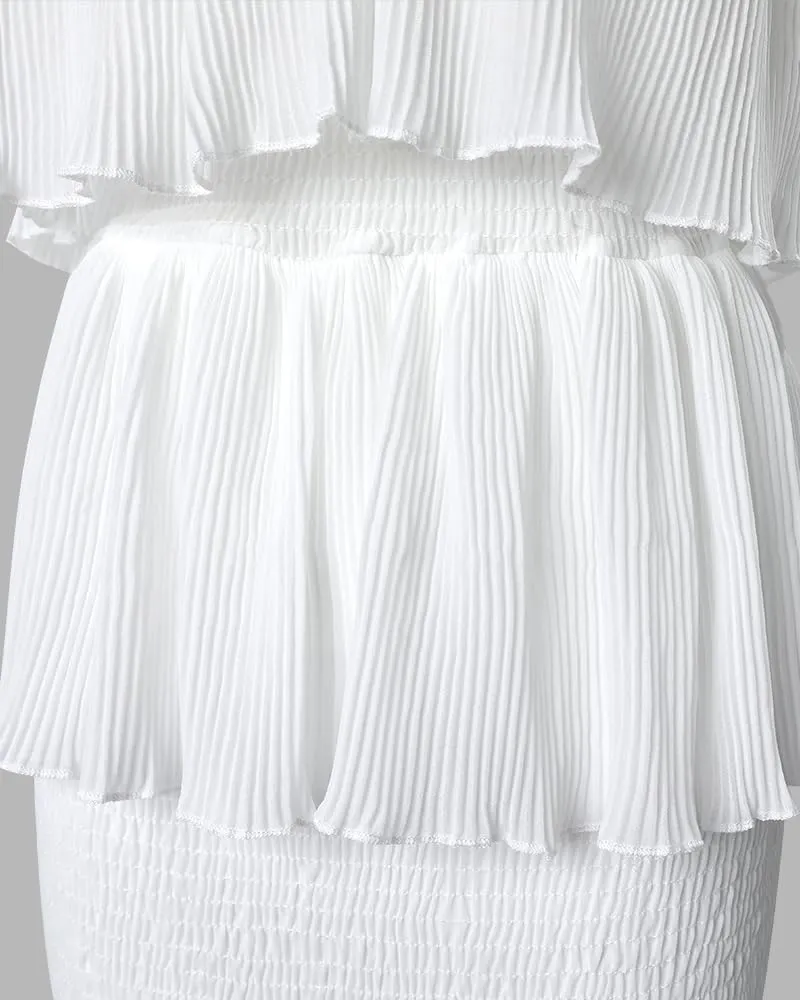 Women's Sweet Bandeau Shirred Ruffle Smocked Layered Bodycon Maxi Dress Wedding Guest Vacation Dresses