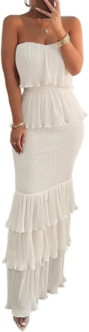 Women's Sweet Bandeau Shirred Ruffle Smocked Layered Bodycon Maxi Dress Wedding Guest Vacation Dresses