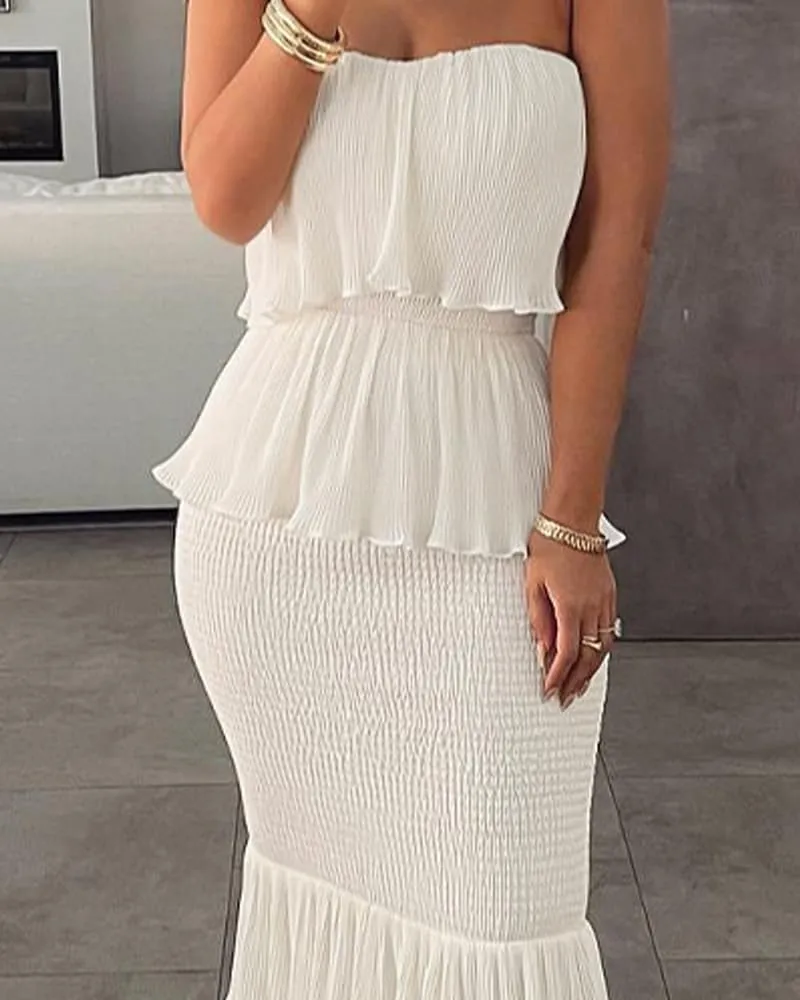 Women's Sweet Bandeau Shirred Ruffle Smocked Layered Bodycon Maxi Dress Wedding Guest Vacation Dresses
