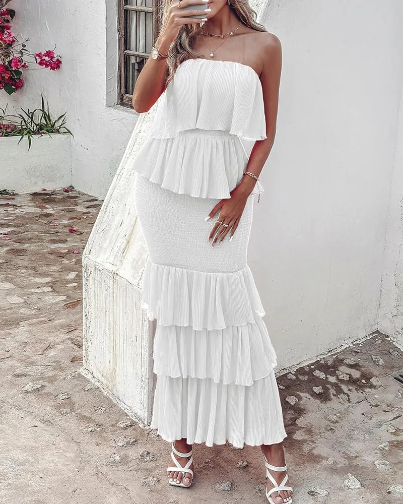 Women's Sweet Bandeau Shirred Ruffle Smocked Layered Bodycon Maxi Dress Wedding Guest Vacation Dresses