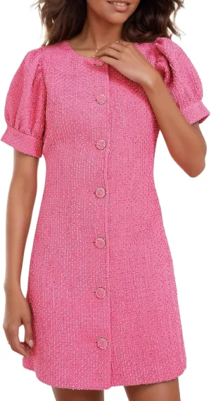 Womens Tweed Jackie Dress Elegant Crew Neck Puff Short Sleeve Button Down Mini Dress