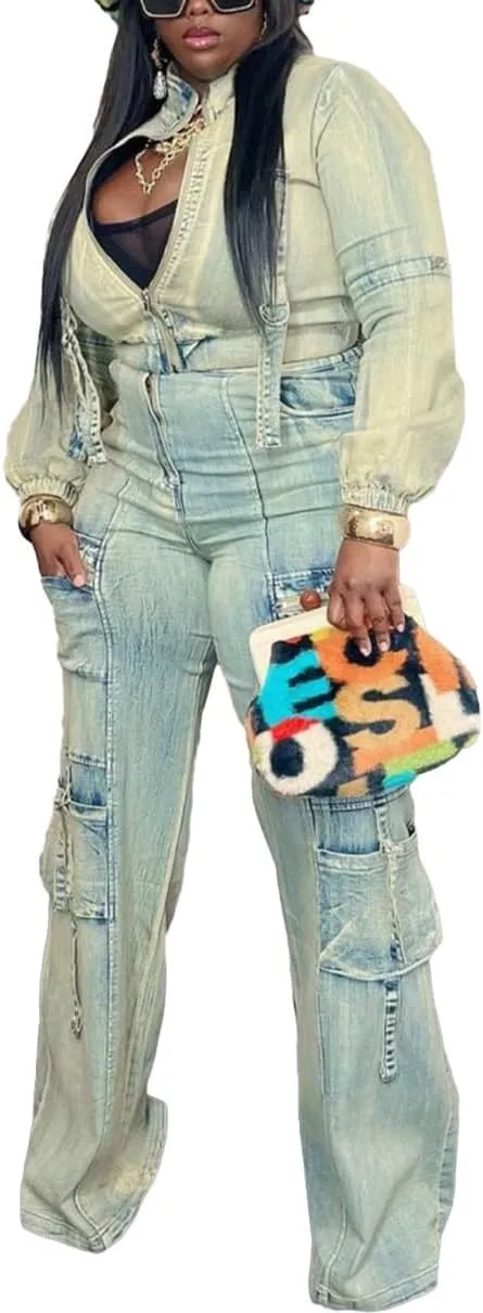 Women's Two Piece Set Casual Distressed Crop Denim Jacket Top and Cargo Jeans 2 Piece Denim Outfit Tracksuit