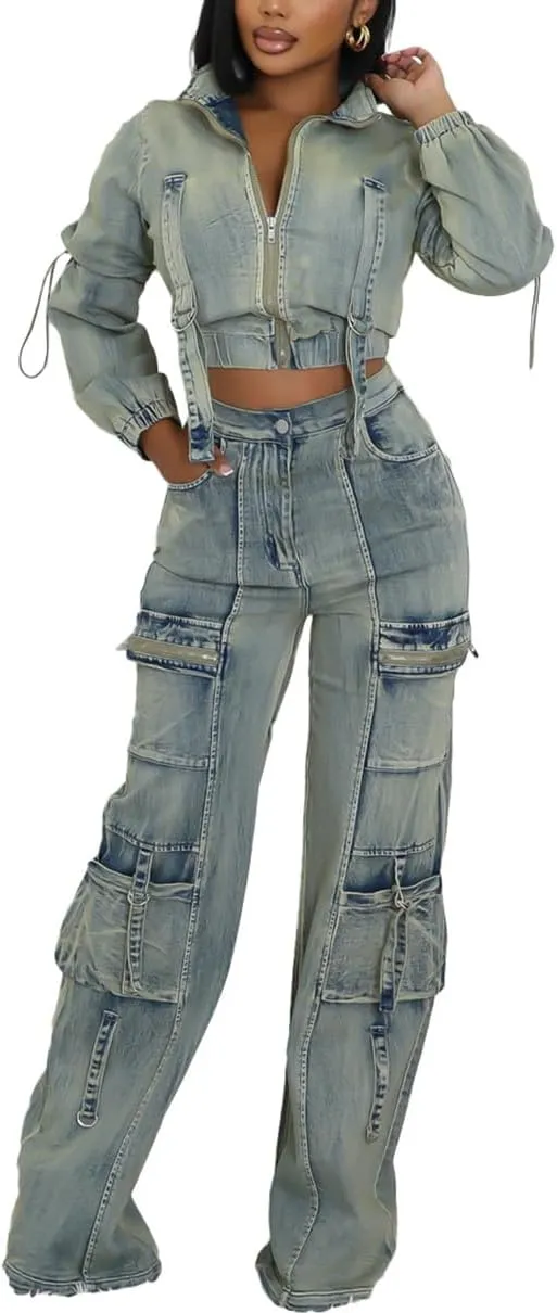 Women's Two Piece Set Casual Distressed Crop Denim Jacket Top and Cargo Jeans 2 Piece Denim Outfit Tracksuit