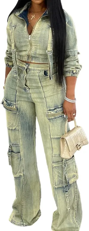 Women's Two Piece Set Casual Distressed Crop Denim Jacket Top and Cargo Jeans 2 Piece Denim Outfit Tracksuit