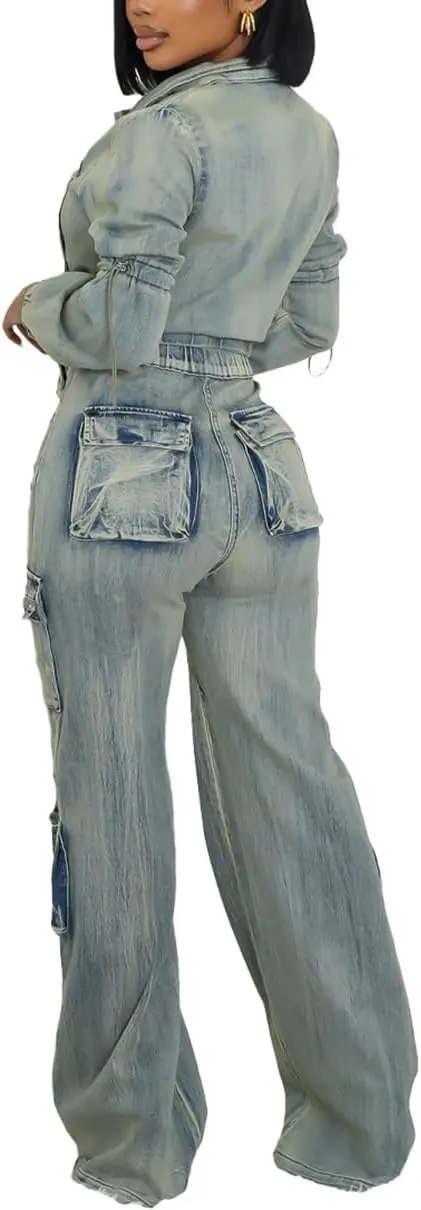Women's Two Piece Set Casual Distressed Crop Denim Jacket Top and Cargo Jeans 2 Piece Denim Outfit Tracksuit