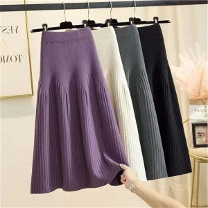 Women's Winter Loose A-Line Midi Skirt Casual Elegant Office Pleated Skirt Basic Solid All-Match Knit Skirt