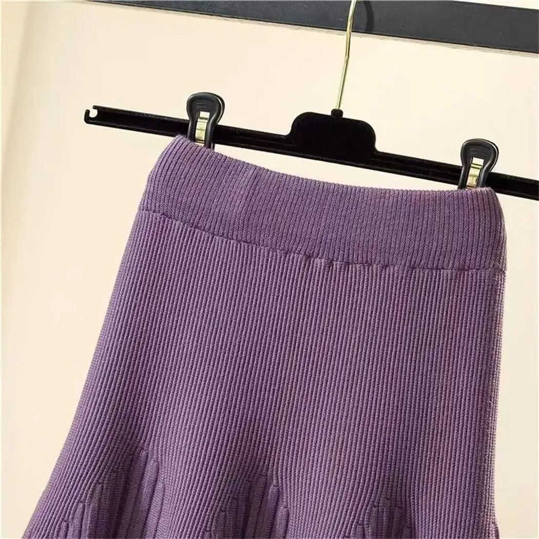 Women's Winter Loose A-Line Midi Skirt Casual Elegant Office Pleated Skirt Basic Solid All-Match Knit Skirt