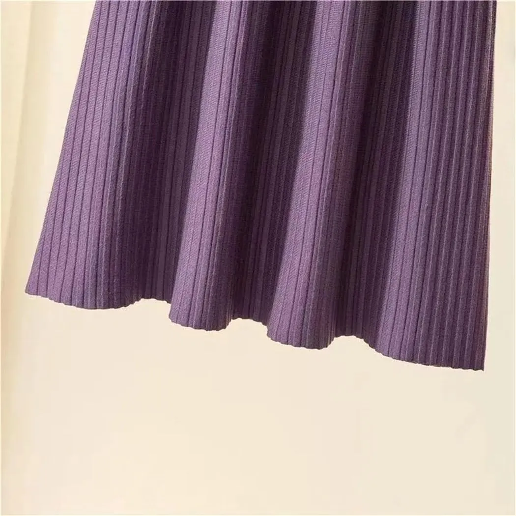 Women's Winter Loose A-Line Midi Skirt Casual Elegant Office Pleated Skirt Basic Solid All-Match Knit Skirt