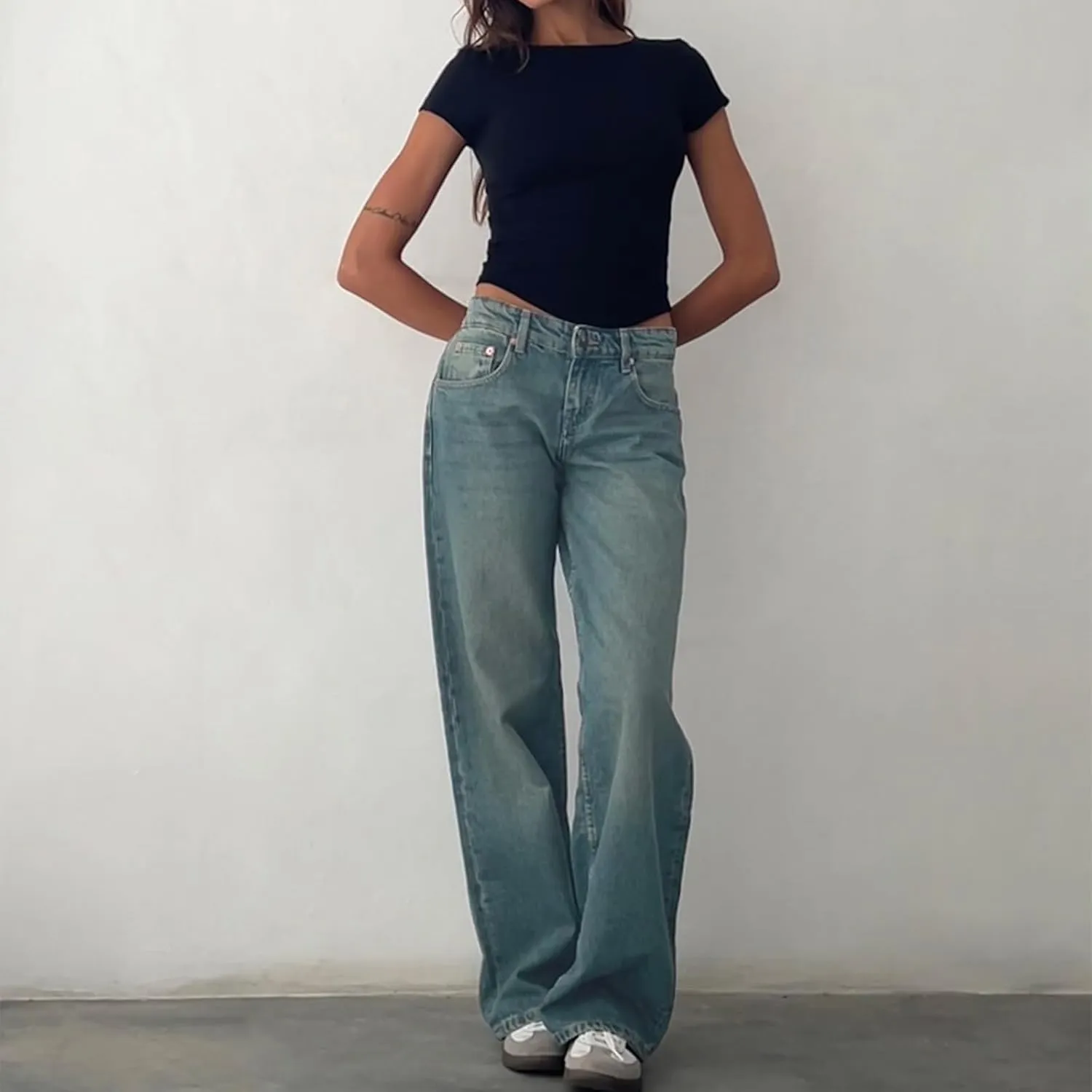 Women's Y2K Wide Leg Denim Pants Baggy Low Waist Wide Leg Boyfriend Jeans Casual Vintage Loose Jeans Streetwear