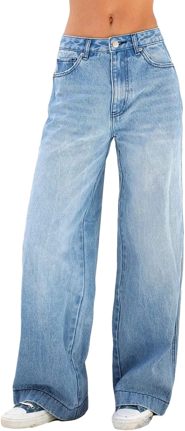 Women's Y2K Wide Leg Denim Pants Baggy Low Waist Wide Leg Boyfriend Jeans Casual Vintage Loose Jeans Streetwear
