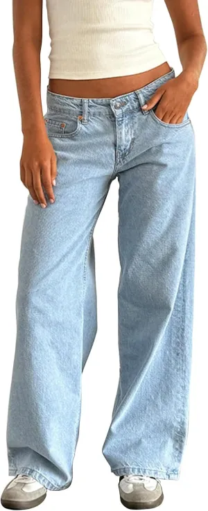 Women's Y2K Wide Leg Denim Pants Baggy Low Waist Wide Leg Boyfriend Jeans Casual Vintage Loose Jeans Streetwear