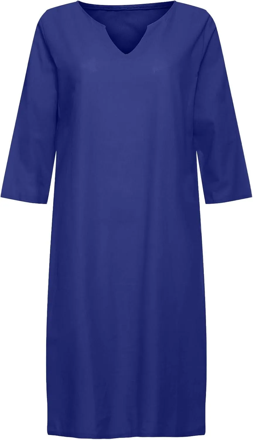 XUNRYAN Summer Linen Dresses Women 2023 Trendy Casual V Neck Half Sleeve Knee Length Dress Mature Ladies Fashion Clothing