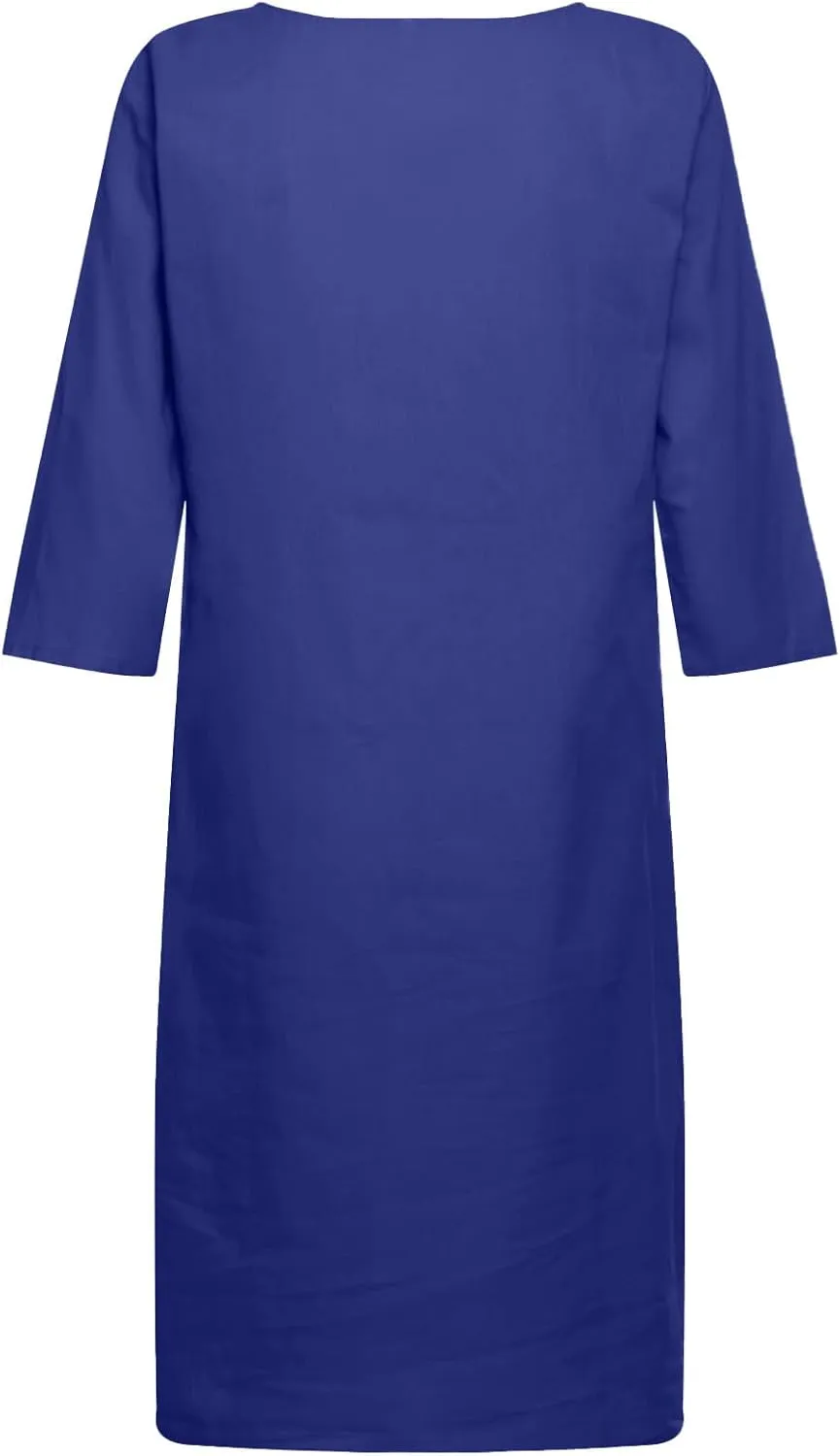 XUNRYAN Summer Linen Dresses Women 2023 Trendy Casual V Neck Half Sleeve Knee Length Dress Mature Ladies Fashion Clothing