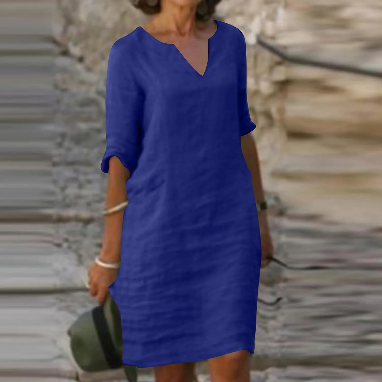 XUNRYAN Summer Linen Dresses Women 2023 Trendy Casual V Neck Half Sleeve Knee Length Dress Mature Ladies Fashion Clothing
