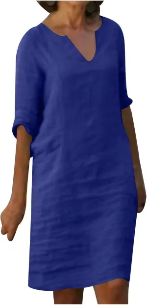 XUNRYAN Summer Linen Dresses Women 2023 Trendy Casual V Neck Half Sleeve Knee Length Dress Mature Ladies Fashion Clothing