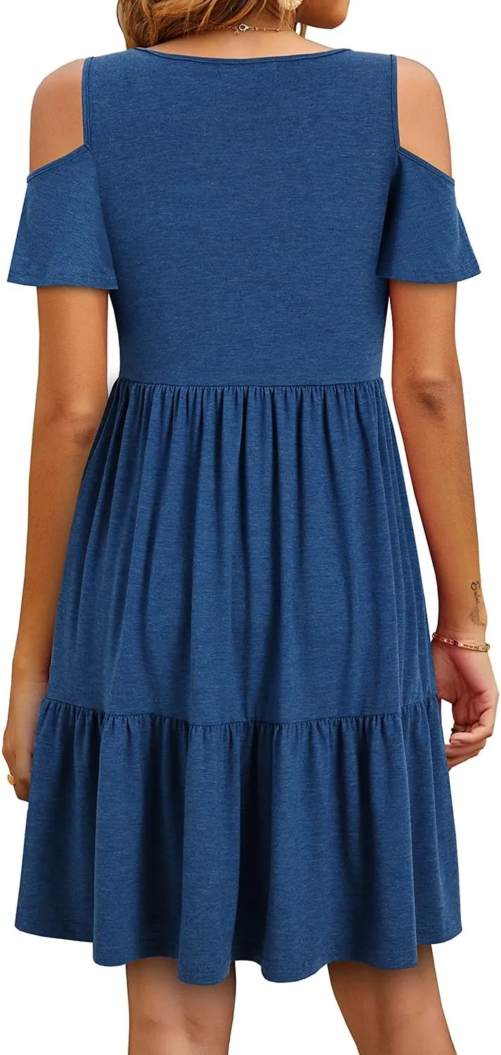 YATHON Women's Casual Cold Shoulder Sleeve Mini Dress Summer Loose Short Ruffle Pleated Dress with Pockets