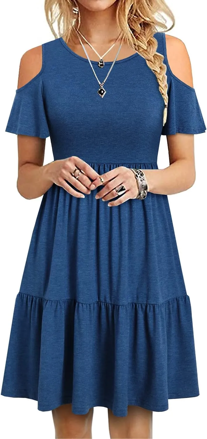 YATHON Women's Casual Cold Shoulder Sleeve Mini Dress Summer Loose Short Ruffle Pleated Dress with Pockets