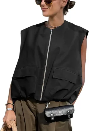 Yimoon Womens Oversized Zip Up Cargo Vest Casual Ruched Hem Sleeveless Blazer Jackets Vest Top with Pockets