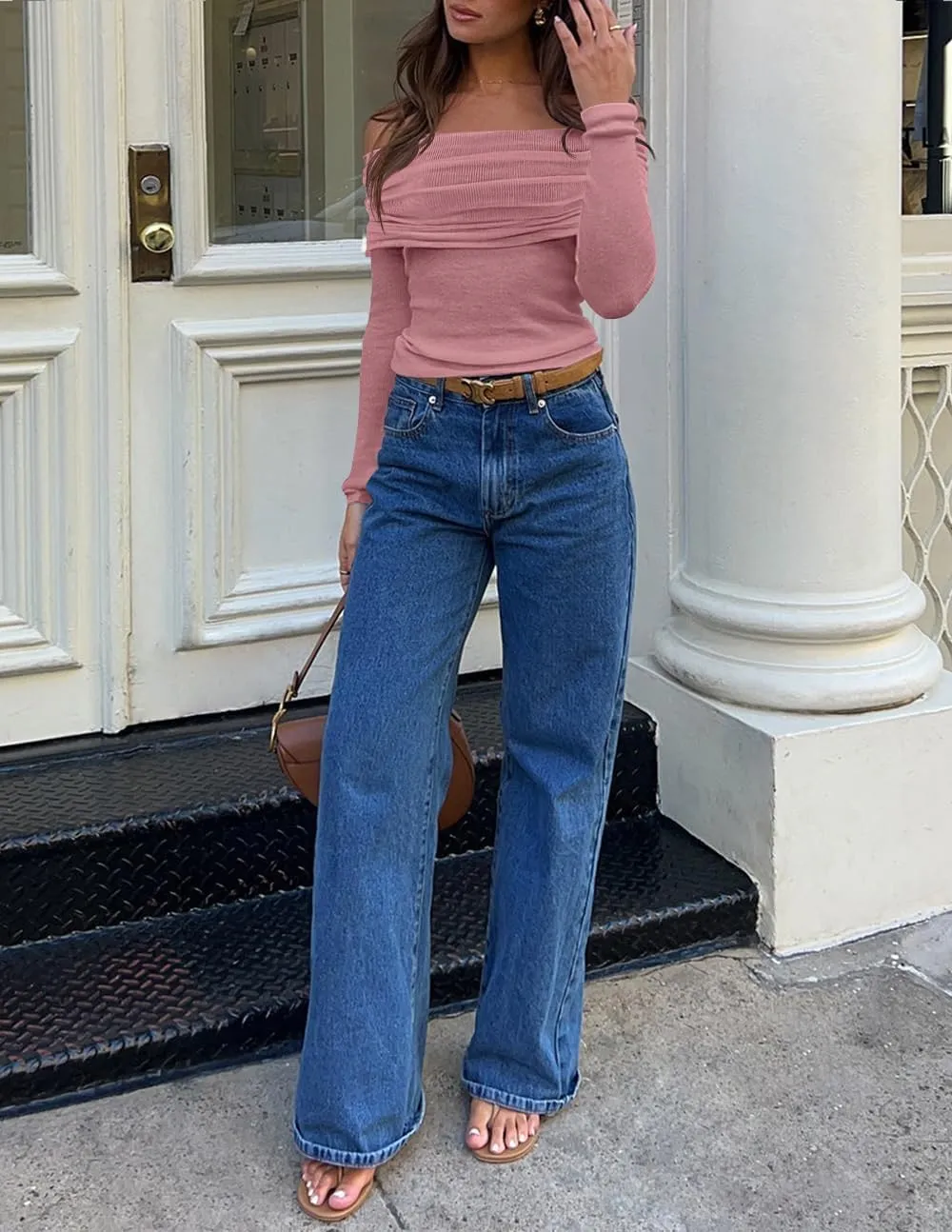 ZESICA Long Sleeve Shirts for Women Off Shoulder Ribbed Knit Slim Fit Going Out Tops Outfits 2025 Trendy Fashion Clothes
